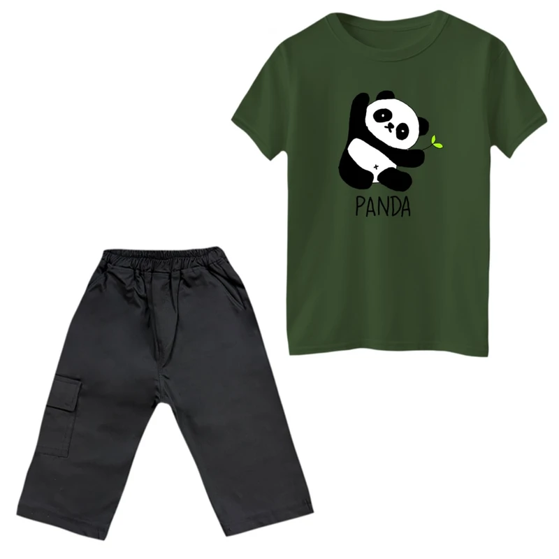 ست تی‌شرت و شلوارک پسرانه مدل پاندا و برگ رنگ یشمی