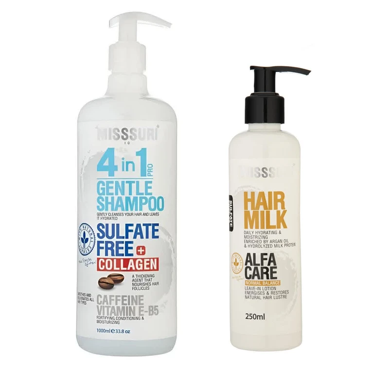 شامپو تقویت کننده مو میسوری مدل collagen مناسب برای موهای معمولی حجم 1000 میلی لیتر به همراه شیر مو میسوری مدل Alfa Care مناسب برای موهای معمولی حجم 250 میلی لیتر