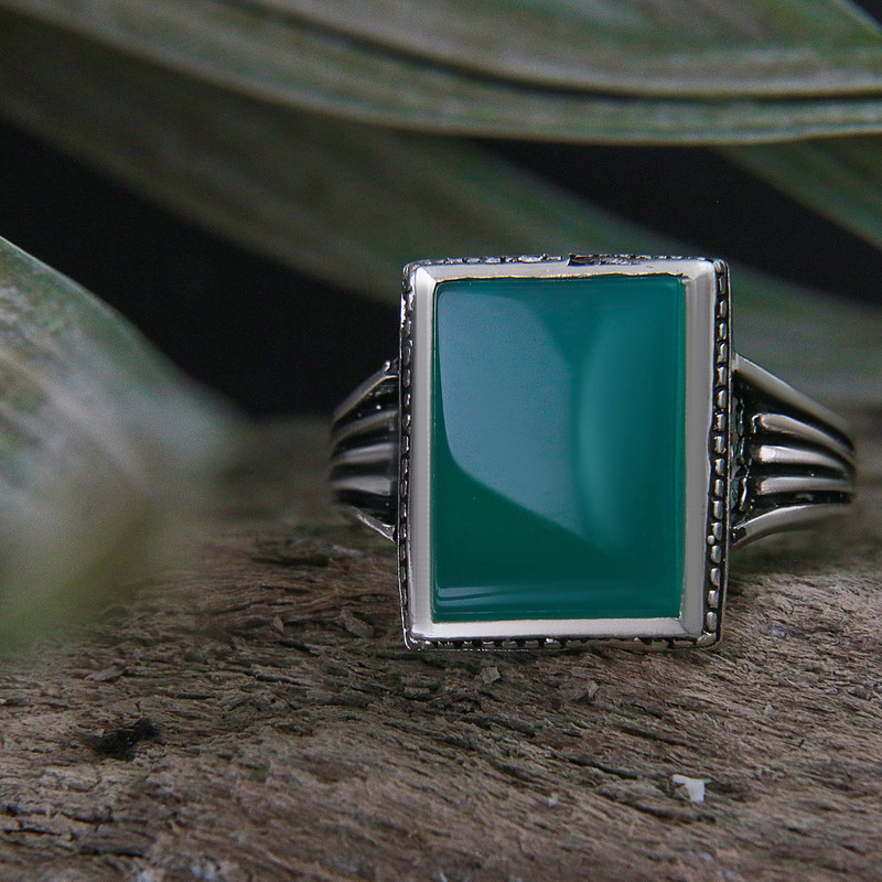 انگشتر نقره مردانه بازرگانی میلادی مدل سنگ عقیق رکاب سیلندری سیاه قلم کد AM_4048