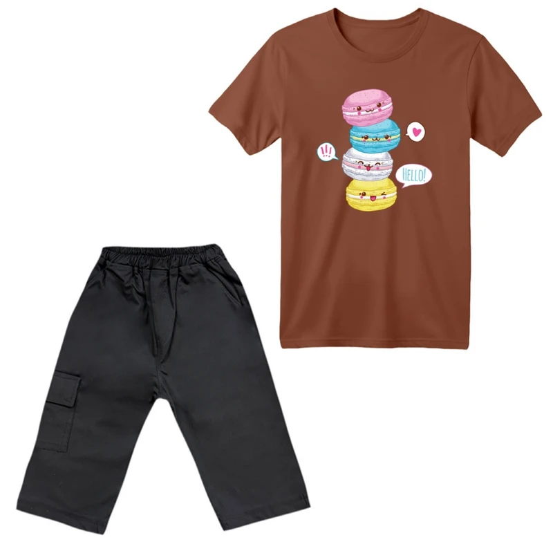 ست تی‌شرت آستین کوتاه و شلوارک دخترانه مدل ماکارون رنگ دارچینی