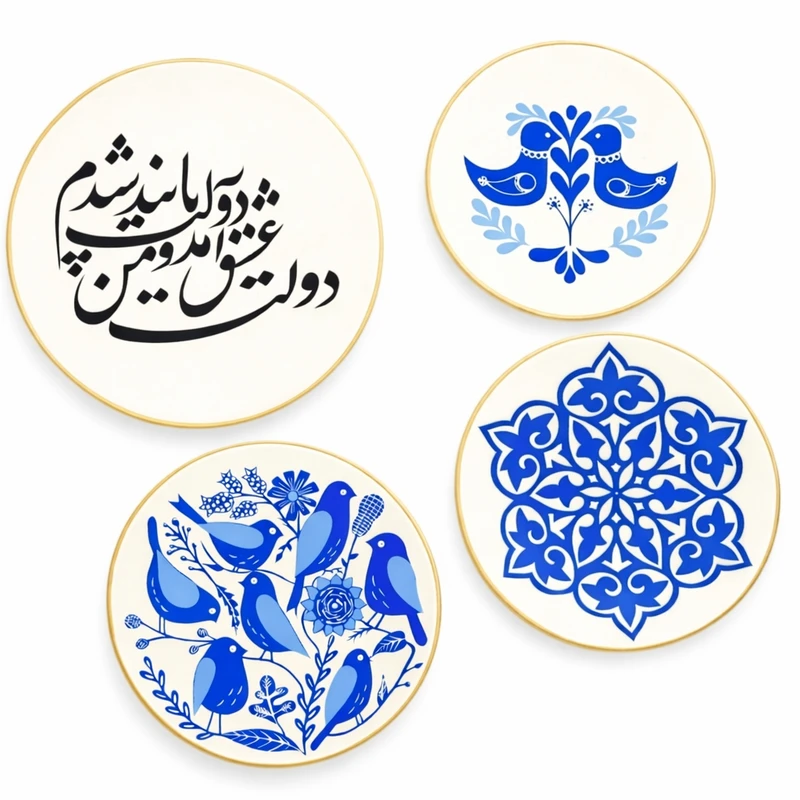 بشقاب دیوارکوب سفالی طرح دولت عشق و پرنده کد D603 مجموعه 4 عددی