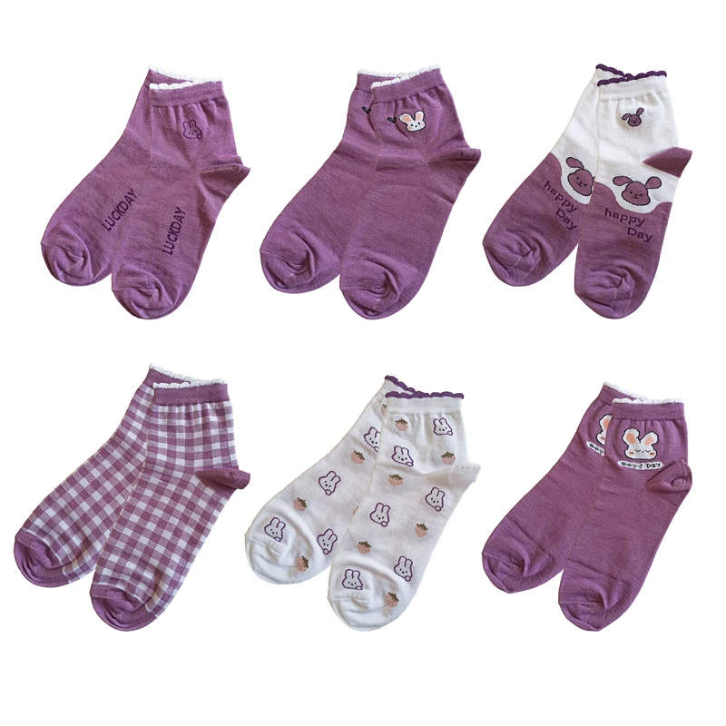 جوراب ساق بلند زنانه مدل خرگوش و توت فرنگی و قلب و چهارخونه بسته 6 عددی