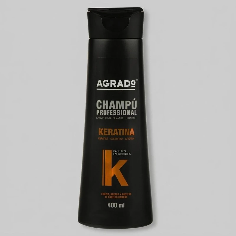 شامپو کراتینه آگرادو مدل KERATIN حجم 400 میلی‌لیتر، صاف‌کننده، ترمیم‌کننده، نرم‌کننده، براق‌کننده، مناسب انواع موهای شکننده، فر، آسیب‌دیده و نازک، حاوی کراتین هیدرولیز شده و ویتامین E