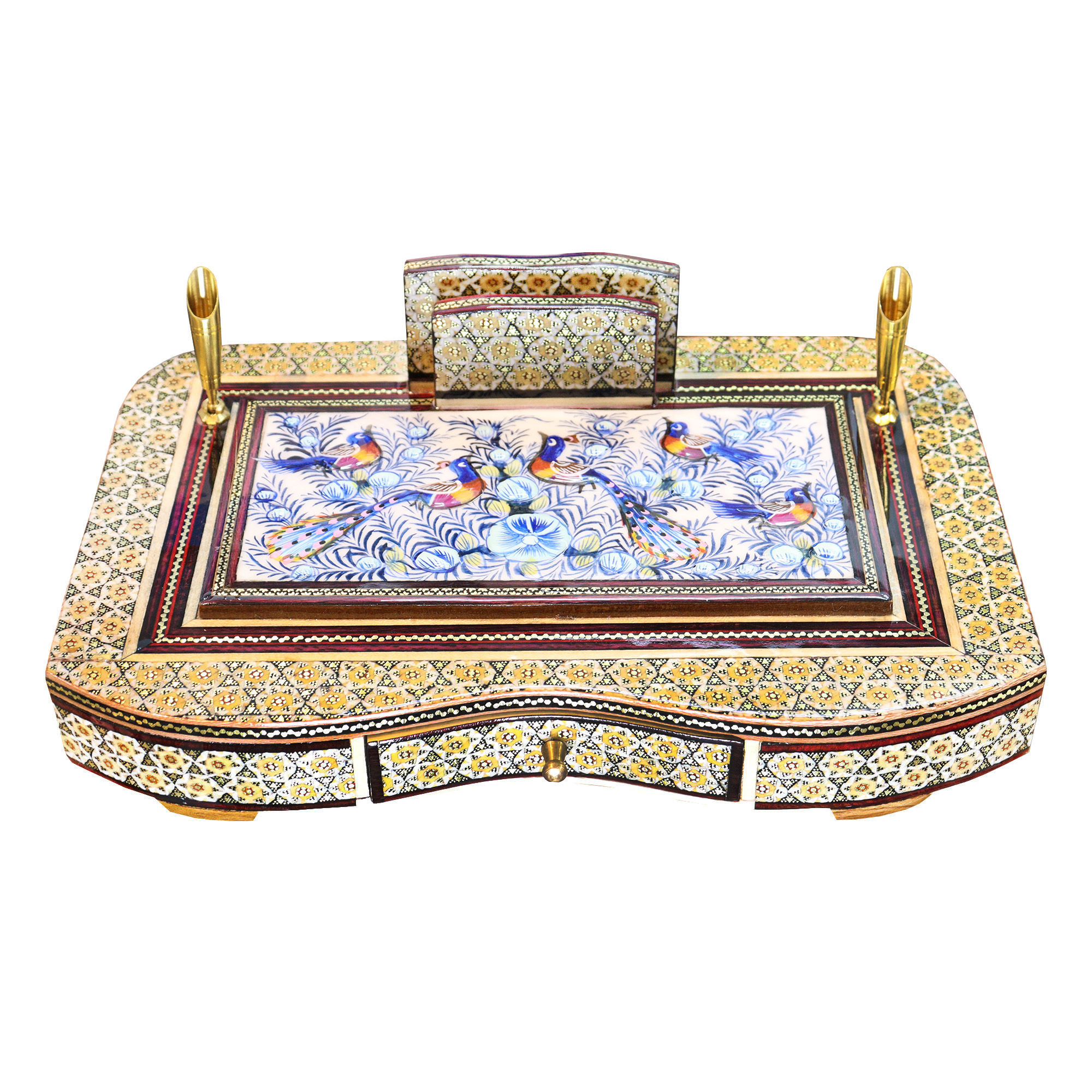 قلمدان خاتم کاری چوبی صنایع دستی فاخر مدل مدیریتی طرح گل و مرغ برجسته کد Bl30p20-2f2