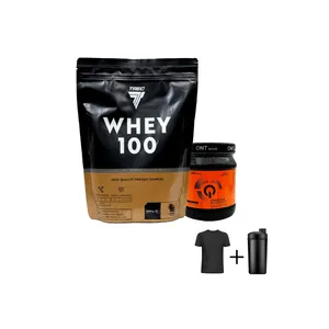 پودر پروتئین وی گلد ترک با طعم شکلات نوتریشن و پودر کراتین ردبول کیو ان تی و تیشرت و شیکر