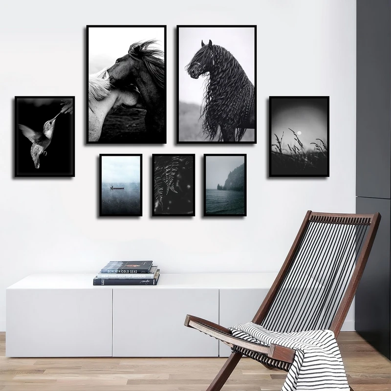 تابلو بکلیت طرح طبیعت و دریا و اسب مدل شاین اکلیلی B-2386 فریم مشکی مجموعه 7 عددی