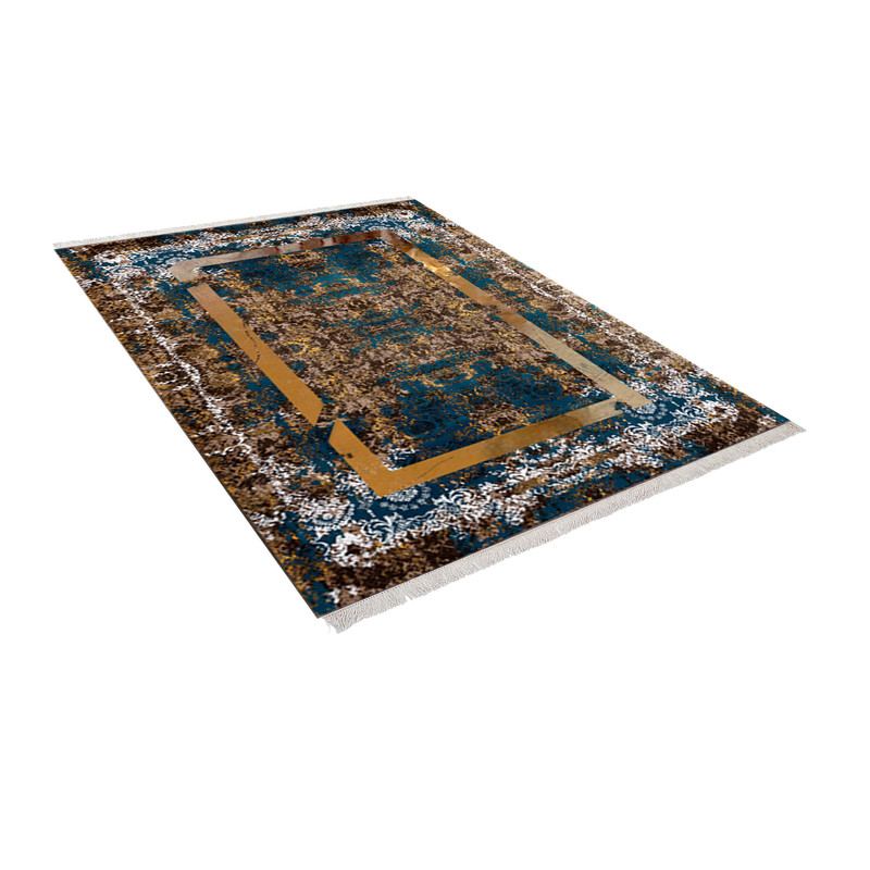 فرش ماشینی زانیس مدل مدرن طرح طلاکوب زمینه سبزآبی