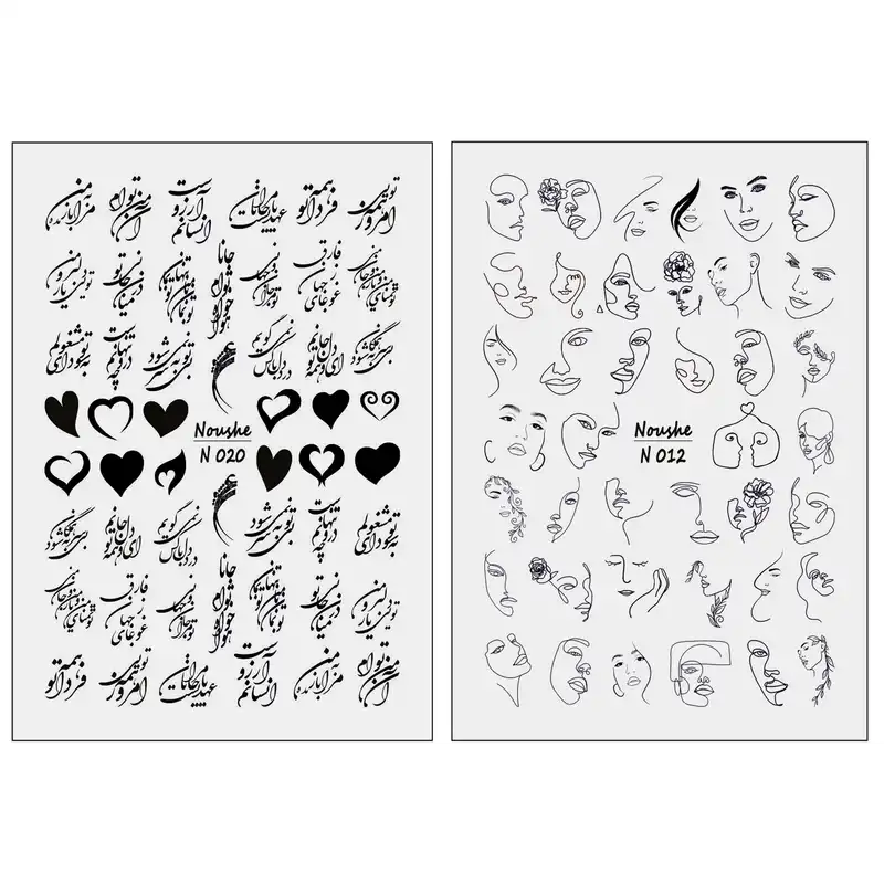 برچسب لنز ناخن مدل چهره کوبیسم و شعر کد N012-N020 مجموعه 2 عددی