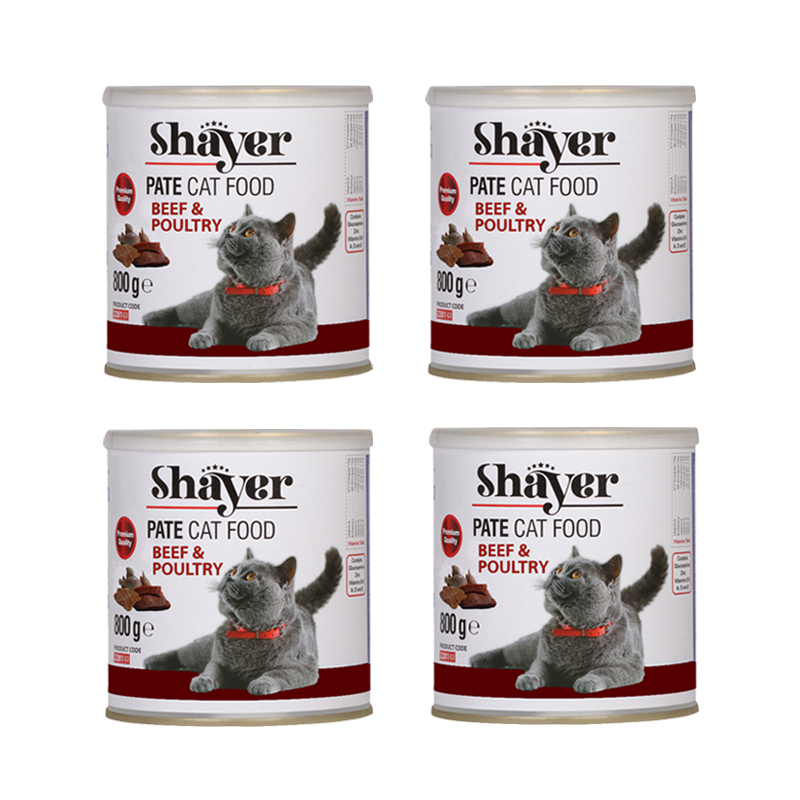 کنسرو گربه شایر مدل گوشت قرمز وگوشت طیور وزن 800 گرم بسته 4 عددی