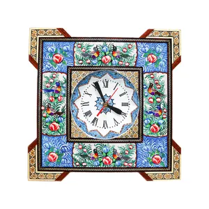 ساعت دیواری خاتم کاری مدل مربع گوشه دار طرح گل و مرغ برجسته کد BlGr30d13-1f4-n1