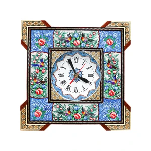 ساعت دیواری خاتم کاری مدل مربع گوشه دار طرح گل و مرغ برجسته کد BlGr30d13-1f4-n1