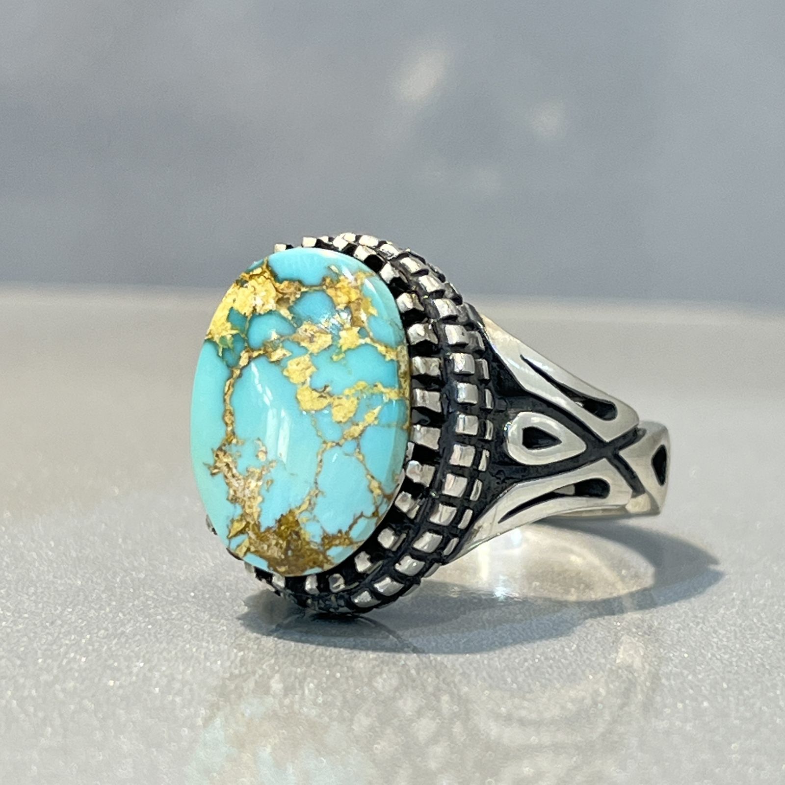 انگشتر نقره مردانه مدل هزار چنگ دستساز فیروزه نیشابوری کد 1 5-45 -  - 5