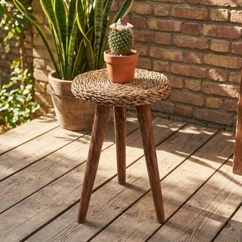 استند گلدان ایستاده مدل مهیا، حصیربافت دستی، پایه چوبی یکپارچه، ابعاد 25×3×40 سانتی متر، مناسب فضای باز، مناسب کاکتوس، مناسب گل های آپارتمانی، قابلیت استفاده به عنوان چهارپایه، استند دکوری