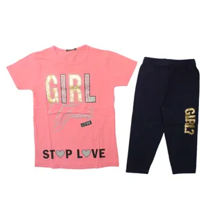 ست تی شرت و شلوار دخترانه مدل گرل زر دار رنگ صورتی