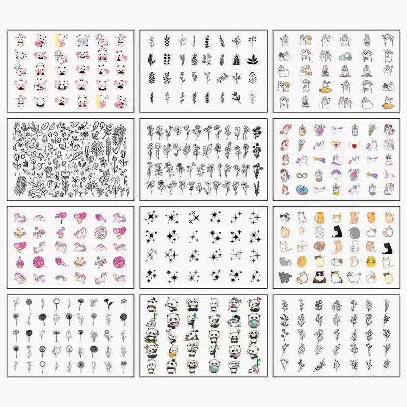 لنز ناخن طرح گل و گیاه پاندا یونیکورن کد BLNG 1203 مجموعه 12 عددی