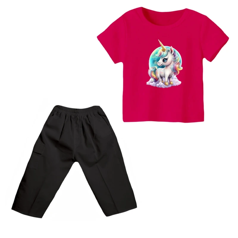 ست تی شرت و شلوارک دخترانه مدل یونیکورن کد ۱۹ رنگ سرخابی
