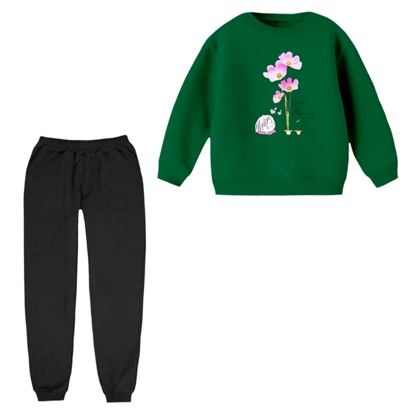 ست سویشرت و شلوار راحتی بچگانه مدل دخترک و گل 3