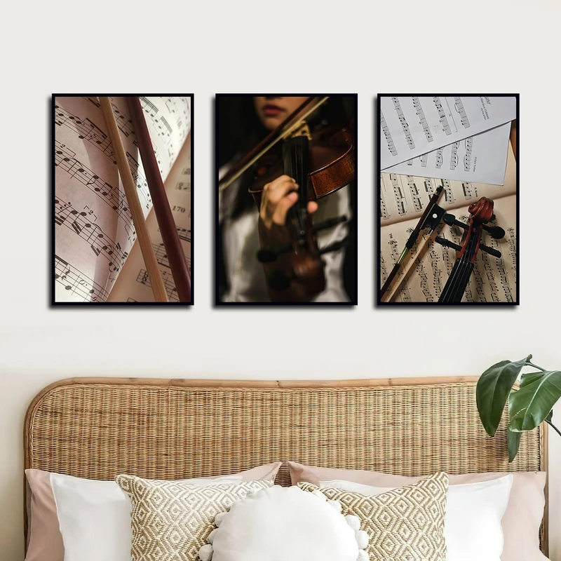 تابلو ساده بکلیت طرح نت موسیقی و ساز ویولن مدل شاین اکلیلی B-2984 فریم مشکی مجموعه 3 عددی