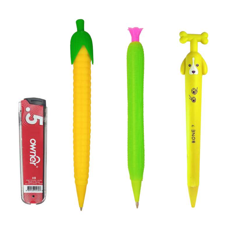 مداد نوکی 0.5 میلی متری طرح سگ و خیار و ذرت بسته 3 عددی به همراه نوک مداد نوکی اونر