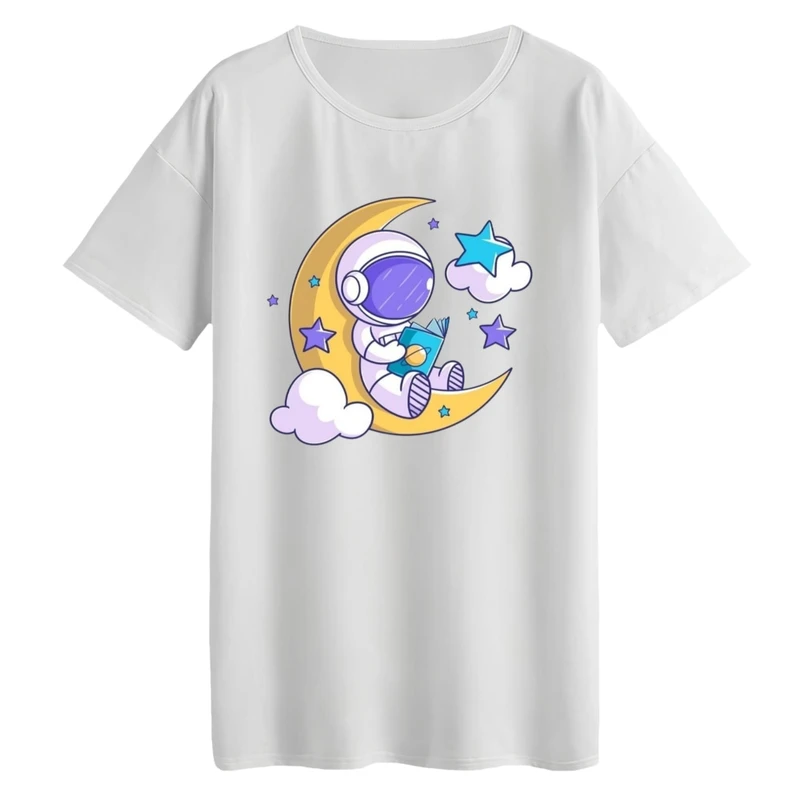 تی‌شرت لانگ آستین کوتاه زنانه مدل فضانورد و ماه کد۱ رنگ سفید