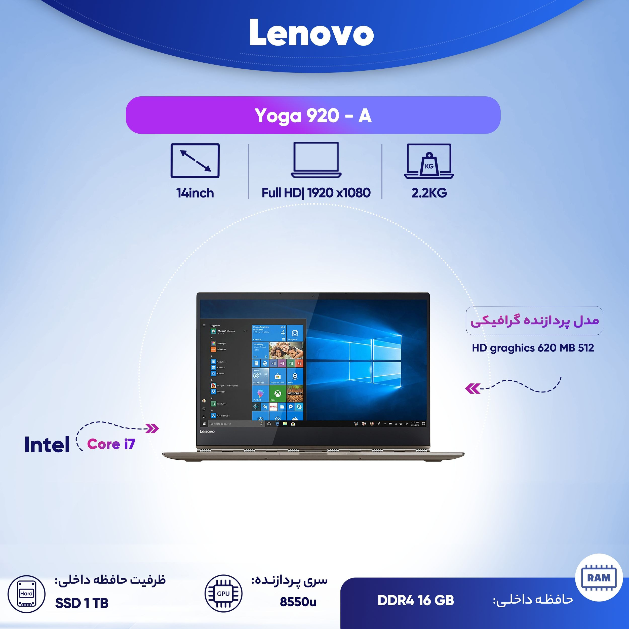لپ تاپ 14 اینچی لنوو مدل Yoga 920 - A