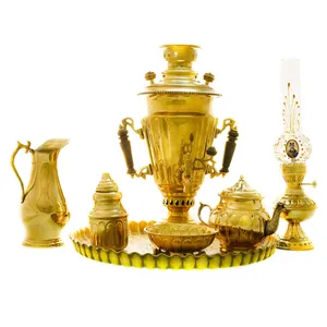 سرویس سماور ذغالی 7 پارچه برنجی مدل سوزنی ترک دار کد 4302