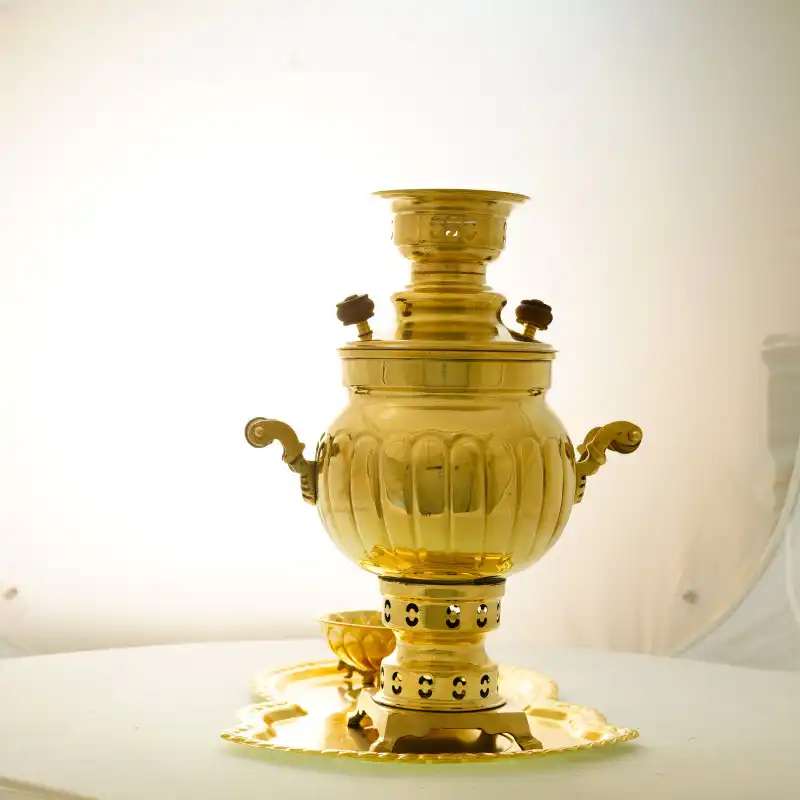 سرویس سماور ذغالی 3 پارچه برنجی مدل توپی شیاردار کد H-1249