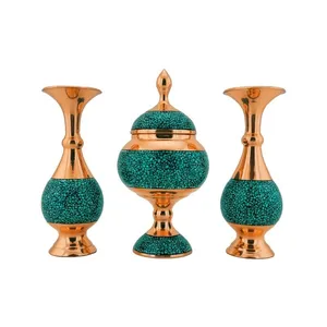 ست 3 تکه گلدان و شکلات خوری فیروزه کوبی مسی مدل F010 کد F012