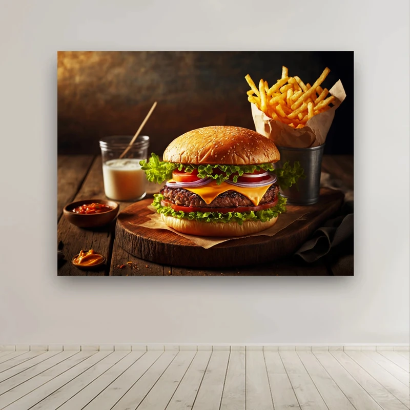 پوستر پارچه ای طرح مخمل فست فود مدل همبرگر و سیب زمینی کد BK24454