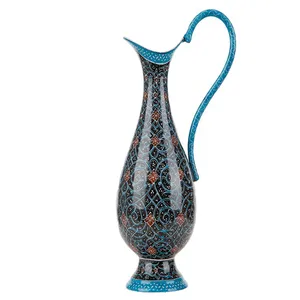پارچ مسی میناکاری شده اثر اسماعیلی مدل صراحی طرح اسلیمی ارتفاع 15 سانتی متر