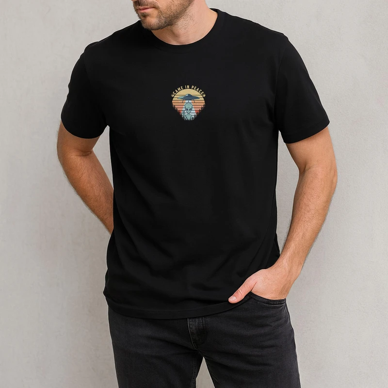 تی‌شرت آستین کوتاه مردانه مدل آدم فضایی کد 0986 came in peace رنگ مشکی