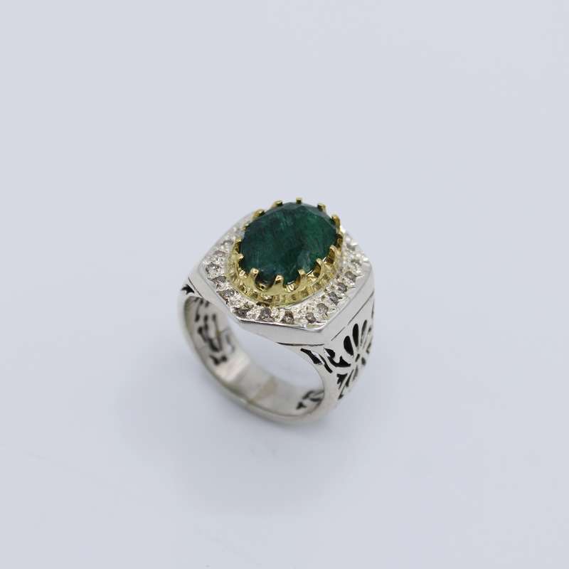 انگشتر نقره مردانه مدل زمرد و برلیان کد 103