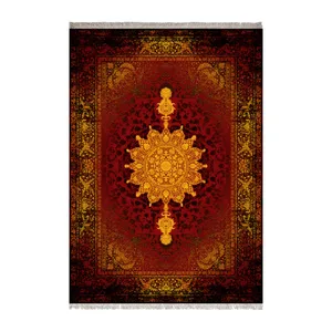 فرش ماشینی 1000 شانه زانیس زمینه قرمز لاکی حاشیه مشکی نارنجی مدل چاپی