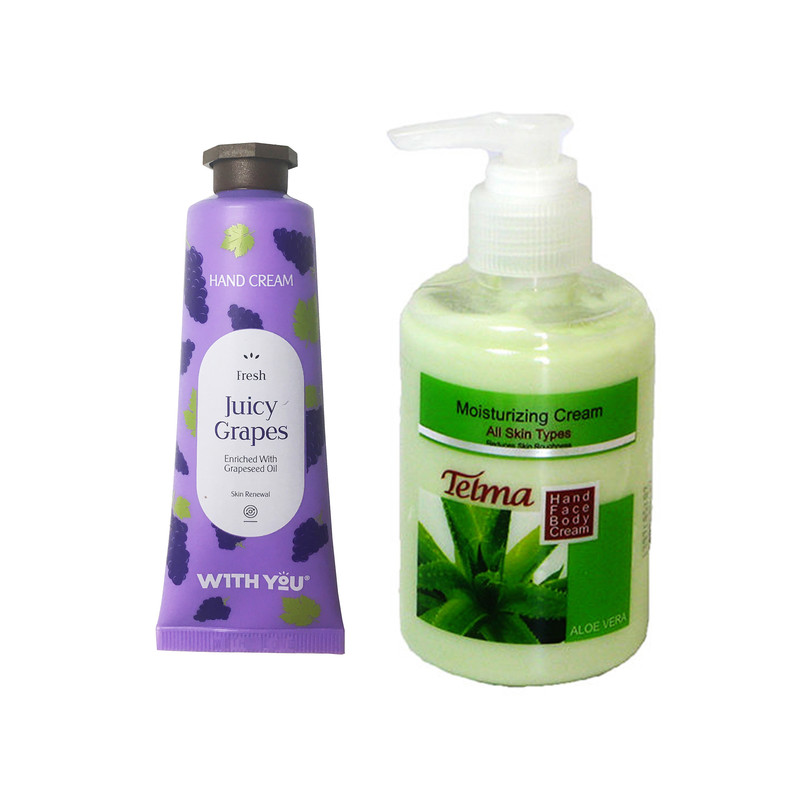 کرم آبرسان و مرطوب کننده تلما مدل آلوئه ورا حجم 200 میلی لیتر به همراه کرم مرطوب کننده ویت یو مدل Juicy Grapes حجم 50 میلی لیتر 