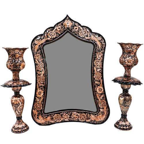 ست 3 تکه آینه و شمعدان مسی مدل الماس تراش طرح لاله کد 415941