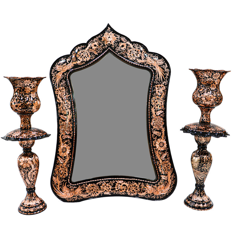 ست 3 تکه آینه و شمعدان مسی مدل الماس تراش طرح لاله کد 415941