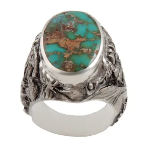 انگشتر نقره مردانه بازرگانی میلادی مدل سنگ فیروزه طبیعی نیشابور رکاب دست ساز سیاه قلم کد AM_1846