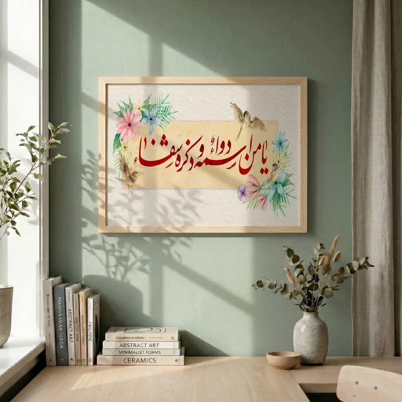 تابلو طرح یا من اسمه دواء و ذکره شفاء مدل G15720 فریم کرم روشن