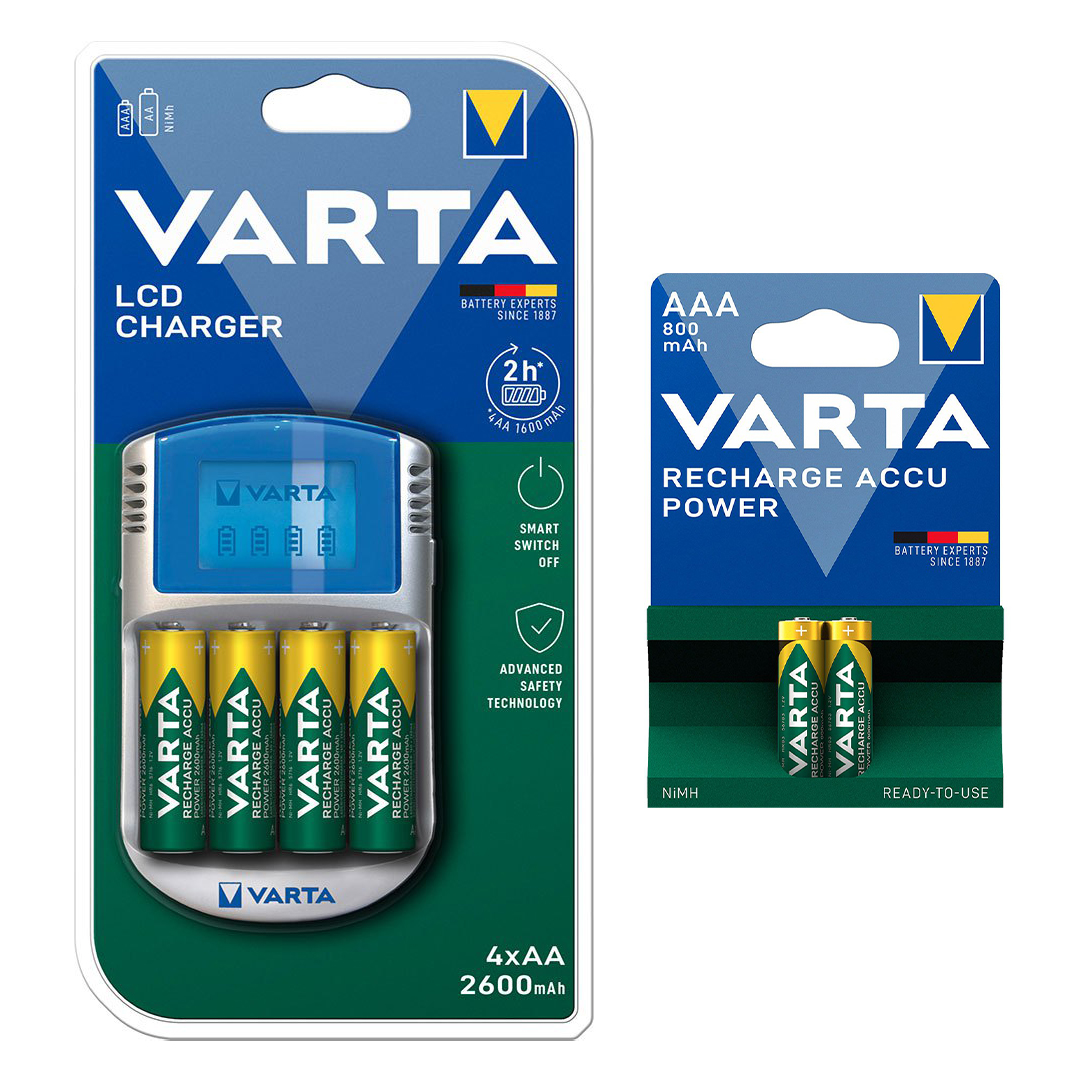 شارژر باتری وارتا مدل LCD CHARGER به همراه 2 عدد باتری نیم قلمی