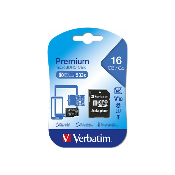 کارت حافظه Micro SDHC ورباتیم مدل Premium v10 کلاس 10 UHS-I سرعت 80MB/S ظرفیت 16 گیگابایت به همراه آداپتور