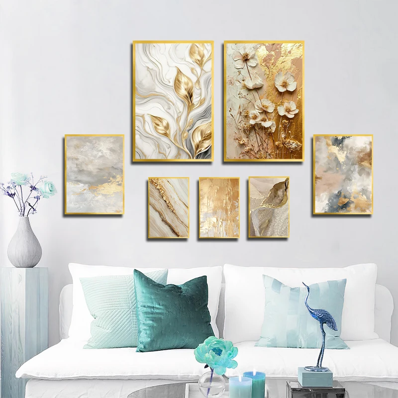 تابلو بکلیت طرح نقاشی رنگ روغن گل و آبرنگی مدل T-3309 فریم طلایی مجموعه 7 عددی