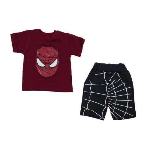 ست تی شرت و شلوارک پسرانه مدل اسپایدرمن رنگ زرشکی