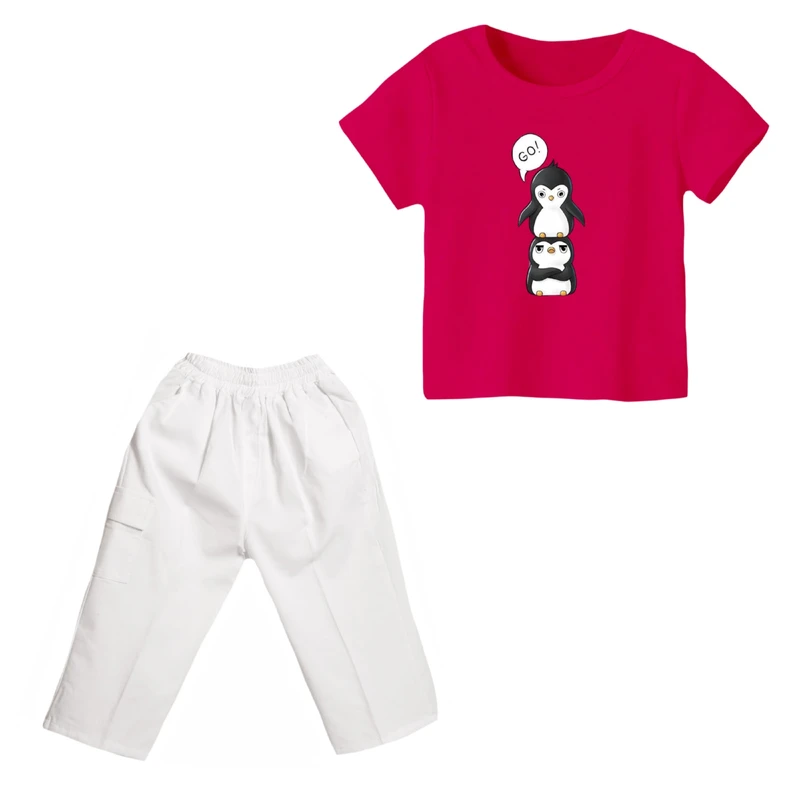 ست تی شرت و شلوارک دخترانه مدل پنگوئن کد ۸