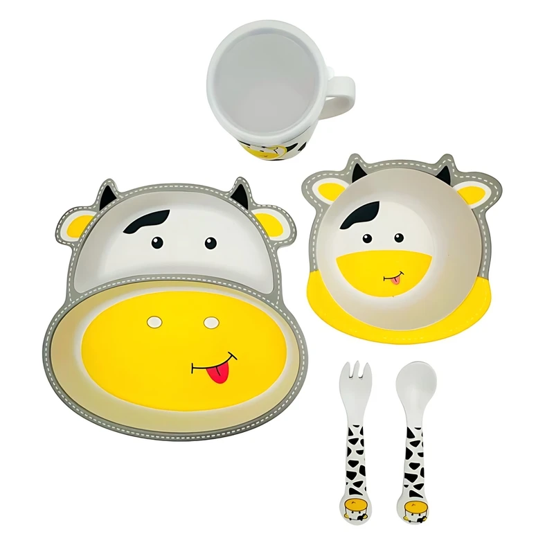 سرویس غذاخوری 5 تکه کودک مدل فیبر بامبو طرح گاو