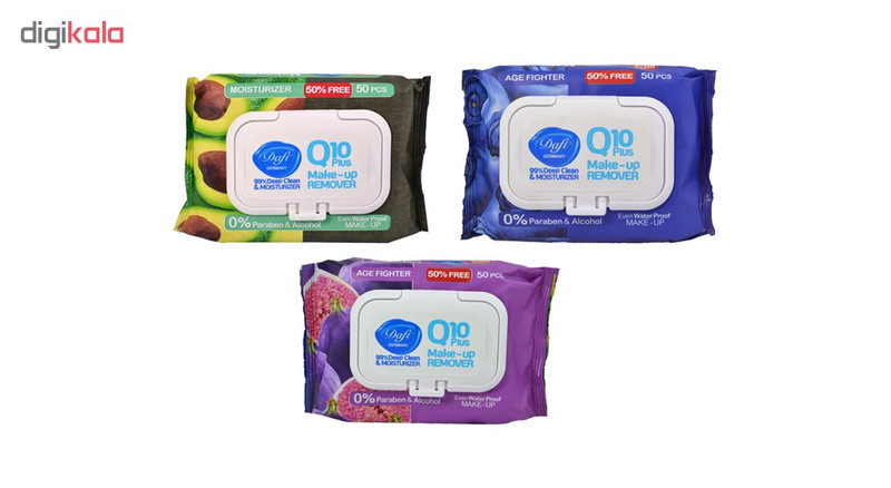 دستمال مرطوب پاک کننده آرایش دافی مدل Q10 fruit بسته 50 عددی مجموعه 3 عددی