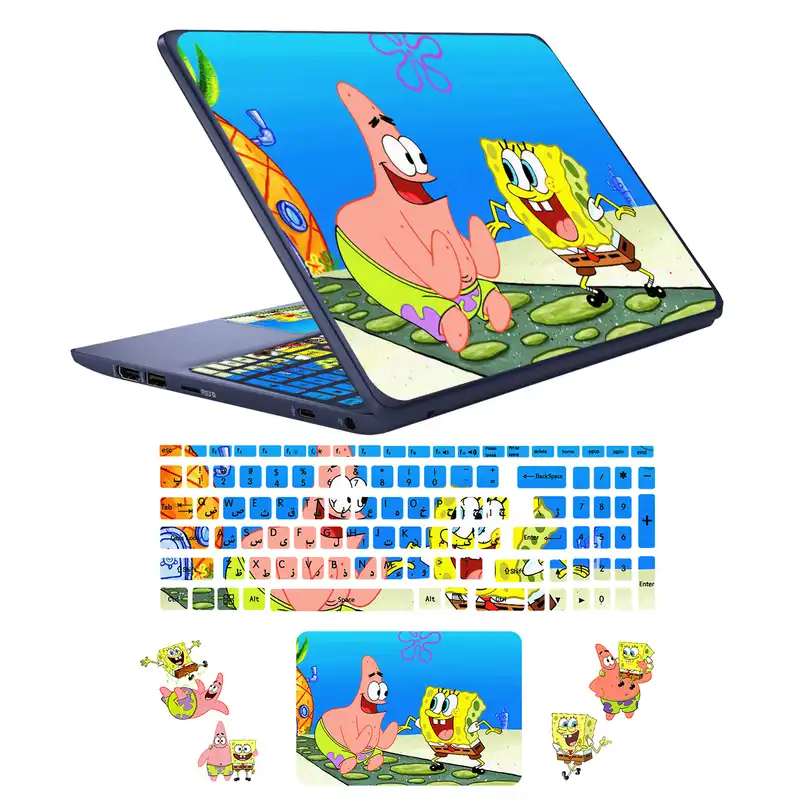 استیکر لپ تاپ مدل باب اسفنجی کد01 مناسب برای لپ تاپ 17 اینچ به همراه برچسب حروف فارسی کیبورد