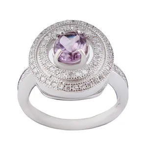 انگشتر نقره زنانه بازرگانی میلادی مدل آمیتیست تراش جواهری رکاب آبکاری رادیوم کد AWR_1269