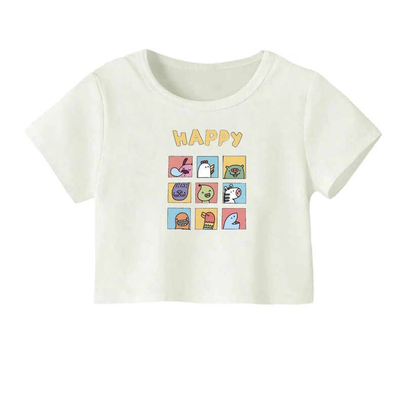 کراپ‌ تی‌شرت آستین کوتاه زنانه مدل هپی