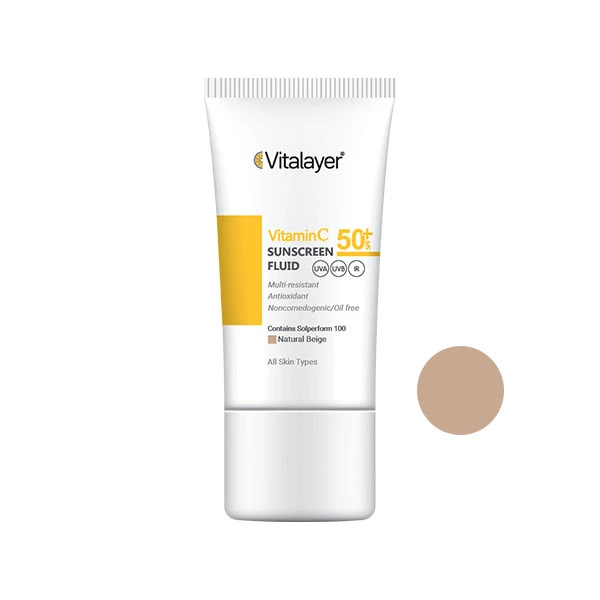 کرم ضد آفتاب رنگی ویتالیر، SPF 50، مدل ویتامین سی، ‌مناسب انواع پوست با تنالیته متوسط و حجم 50 میلی‌لیتر، ضد آب، مرطوب‌کننده، غیر کومدون‌زا، محافظت‌کننده در برابر اشعه‌های UVA و UVB، ویتامین C و آنتی اکسیدان، با ماندگاری 2 ساعته