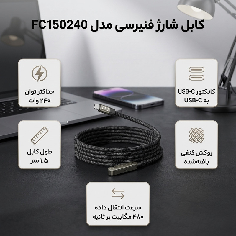 کابل USB-C فنیرسی  مدل FC150240 Gaming استندی طول 1.5 متر